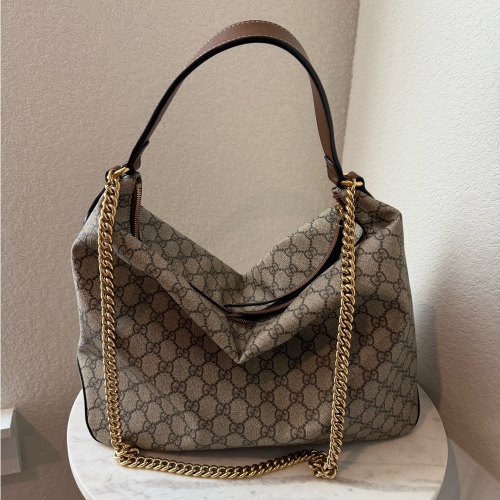 Gucci Beige and Brown Shoulder Bag with Gold Chain